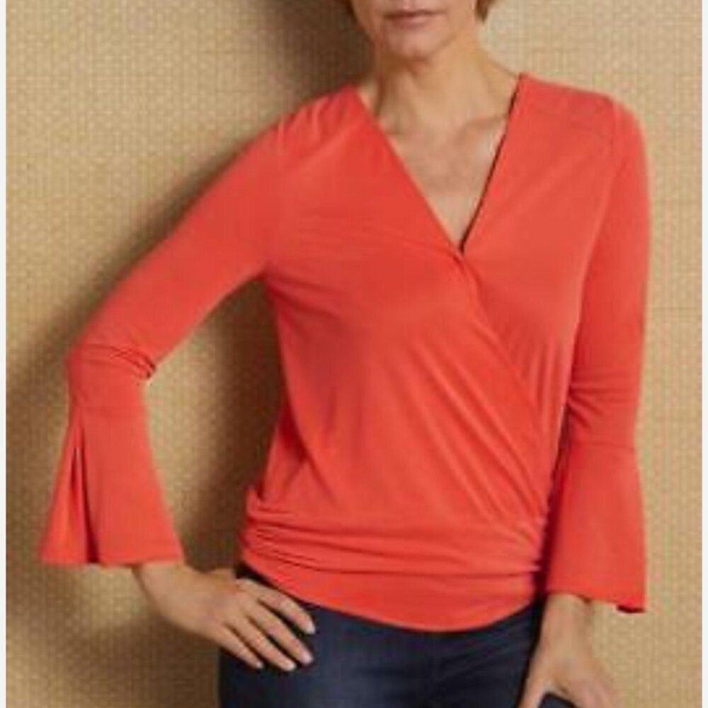 Soft Surroundings Annika Suede Faux Wrap Orange Bell Sleeve Top Size Lg